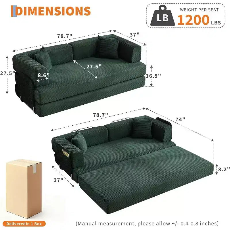 Sofá cama convertible de 78.8'' con almohadas, sofá de pana 5 en 1, sofá plegable con estructura de forma fija, no requiere montaje