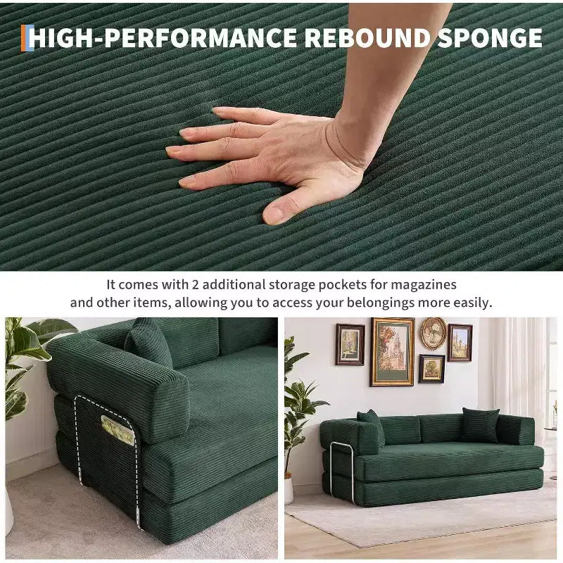 Sofá cama convertible de 78.8'' con almohadas, sofá de pana 5 en 1, sofá plegable con estructura de forma fija, no requiere montaje