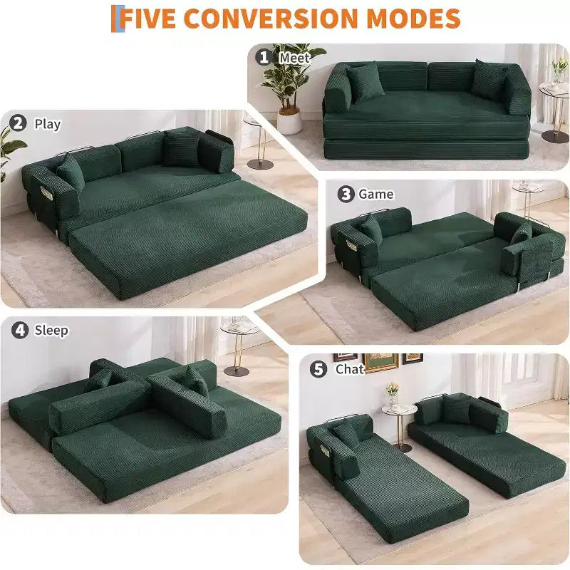 Sofá cama convertible de 78.8'' con almohadas, sofá de pana 5 en 1, sofá plegable con estructura de forma fija, no requiere montaje