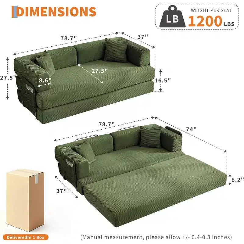 Sofá cama convertible de 78.8'' con almohadas, sofá de pana 5 en 1, sofá plegable con estructura de forma fija, no requiere montaje