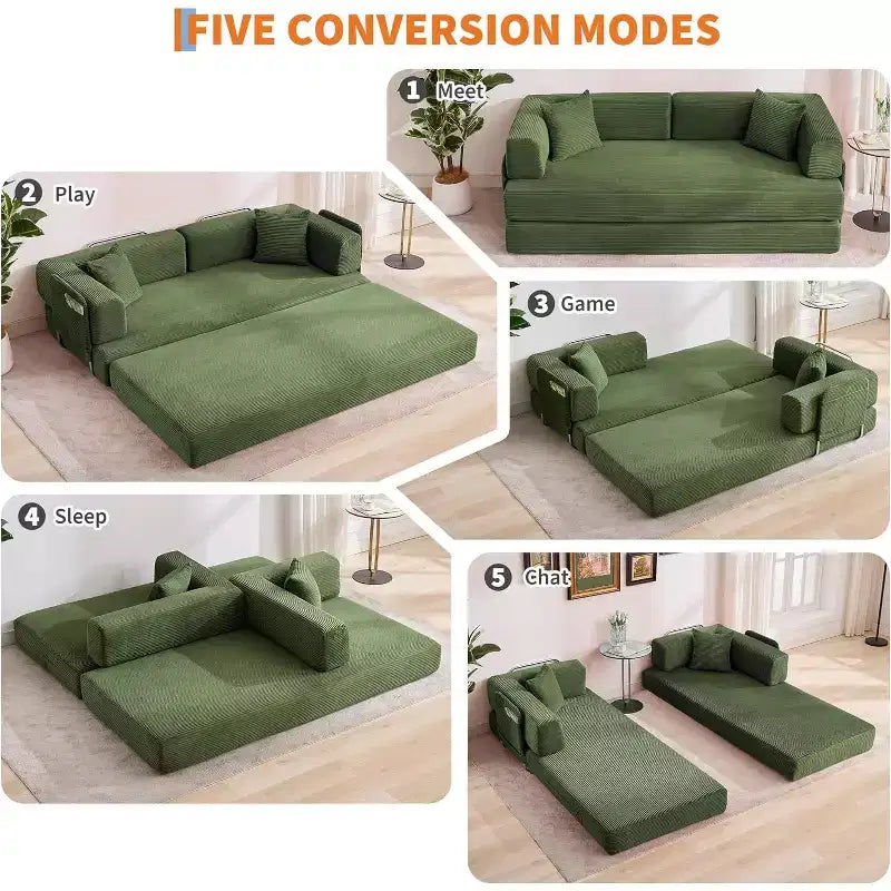 Sofá cama convertible de 78.8'' con almohadas, sofá de pana 5 en 1, sofá plegable con estructura de forma fija, no requiere montaje
