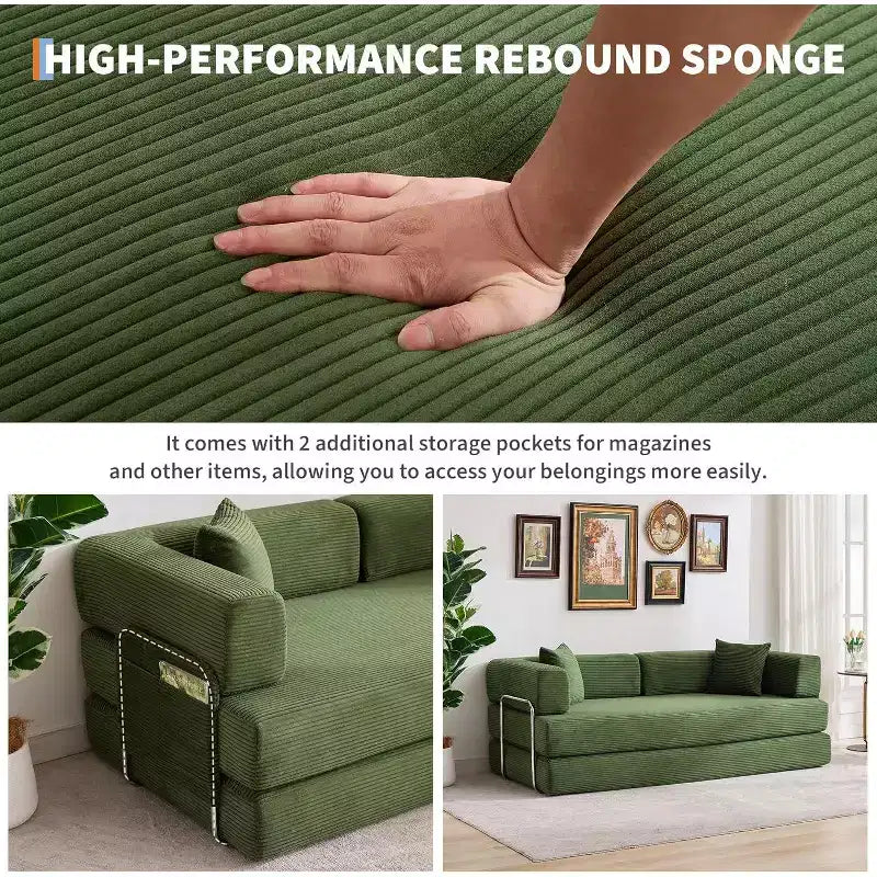 Sofá cama convertible de 78.8'' con almohadas, sofá de pana 5 en 1, sofá plegable con estructura de forma fija, no requiere montaje