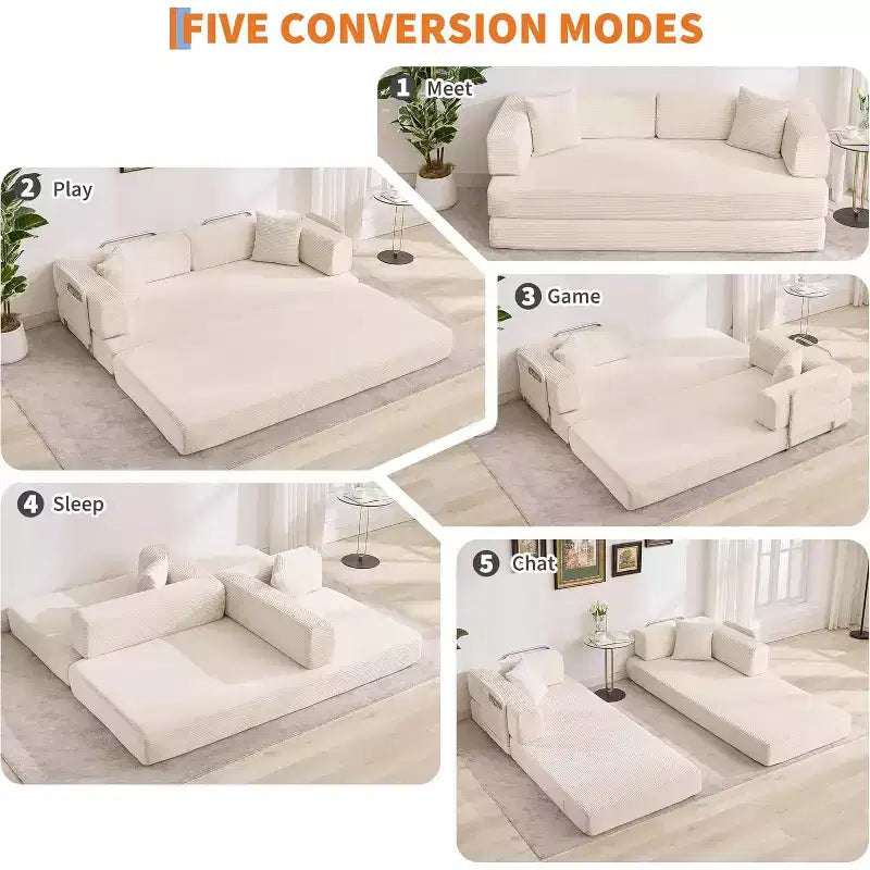 Sofá cama convertible de 78.8'' con almohadas, sofá de pana 5 en 1, sofá plegable con estructura de forma fija, no requiere montaje