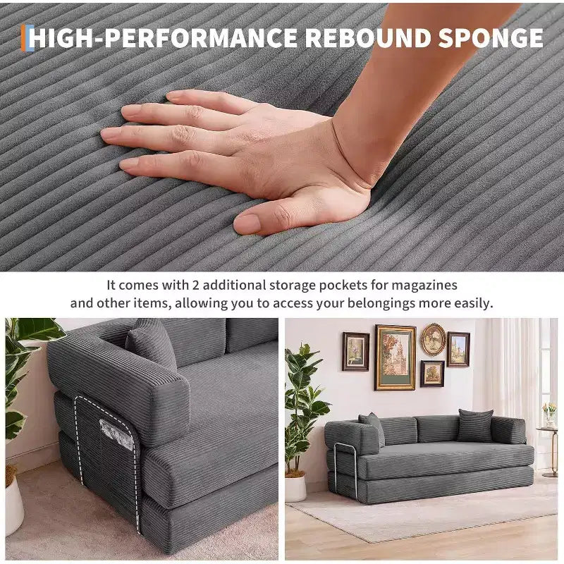 Sofá cama convertible de 78.8'' con almohadas, sofá de pana 5 en 1, sofá plegable con estructura de forma fija, no requiere montaje