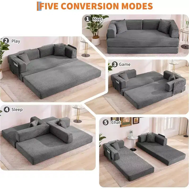 Sofá cama convertible de 78.8'' con almohadas, sofá de pana 5 en 1, sofá plegable con estructura de forma fija, no requiere montaje