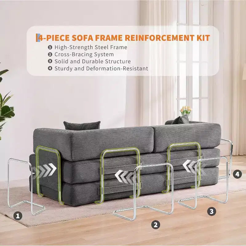 Sofá cama convertible de 78.8'' con almohadas, sofá de pana 5 en 1, sofá plegable con estructura de forma fija, no requiere montaje