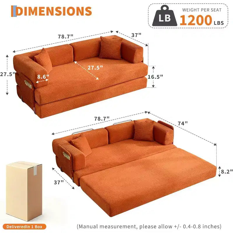 Sofá cama convertible de 78.8'' con almohadas, sofá de pana 5 en 1, sofá plegable con estructura de forma fija, no requiere montaje