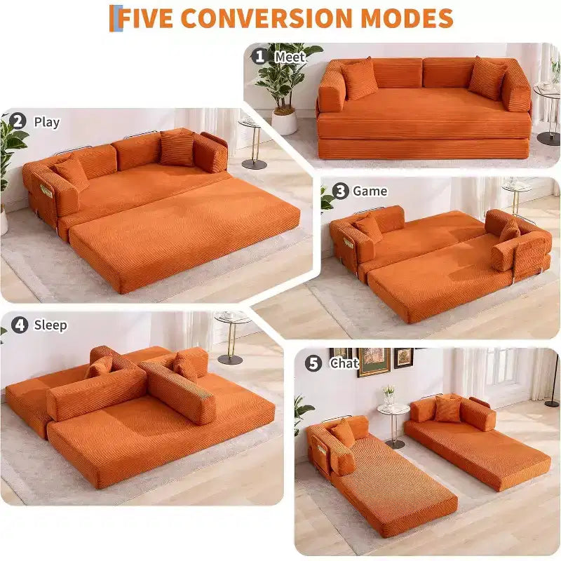 Sofá cama convertible de 78.8'' con almohadas, sofá de pana 5 en 1, sofá plegable con estructura de forma fija, no requiere montaje