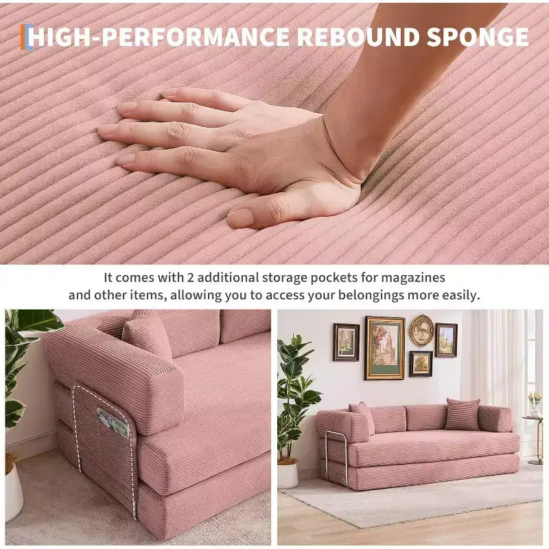 Sofá cama convertible de 78.8'' con almohadas, sofá de pana 5 en 1, sofá plegable con estructura de forma fija, no requiere montaje