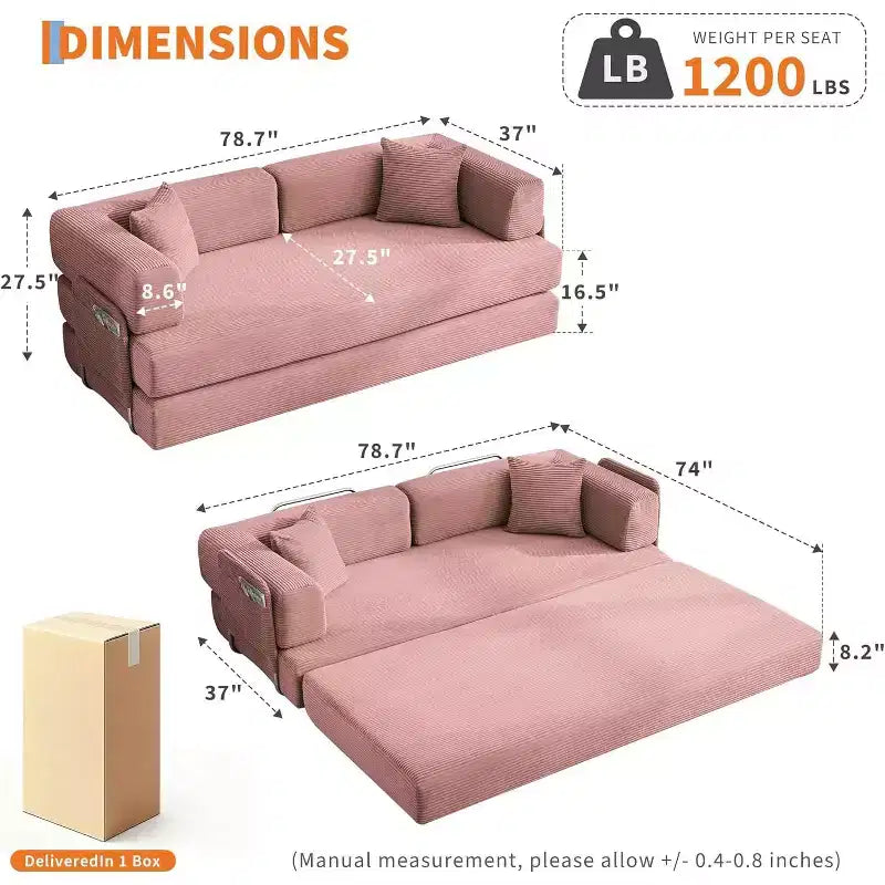 Sofá cama convertible de 78.8'' con almohadas, sofá de pana 5 en 1, sofá plegable con estructura de forma fija, no requiere montaje