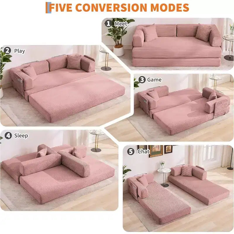 Sofá cama convertible de 78.8'' con almohadas, sofá de pana 5 en 1, sofá plegable con estructura de forma fija, no requiere montaje