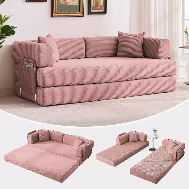 Sofá cama convertible de 78.8'' con almohadas, sofá de pana 5 en 1, sofá plegable con estructura de forma fija, no requiere montaje