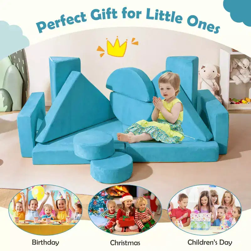 Costway Sofá Modular Infantil de 14 Piezas, Sofá Seccional para Niños Pequeños, Juego de Cojines Suaves Azul/Gris/Amarillo