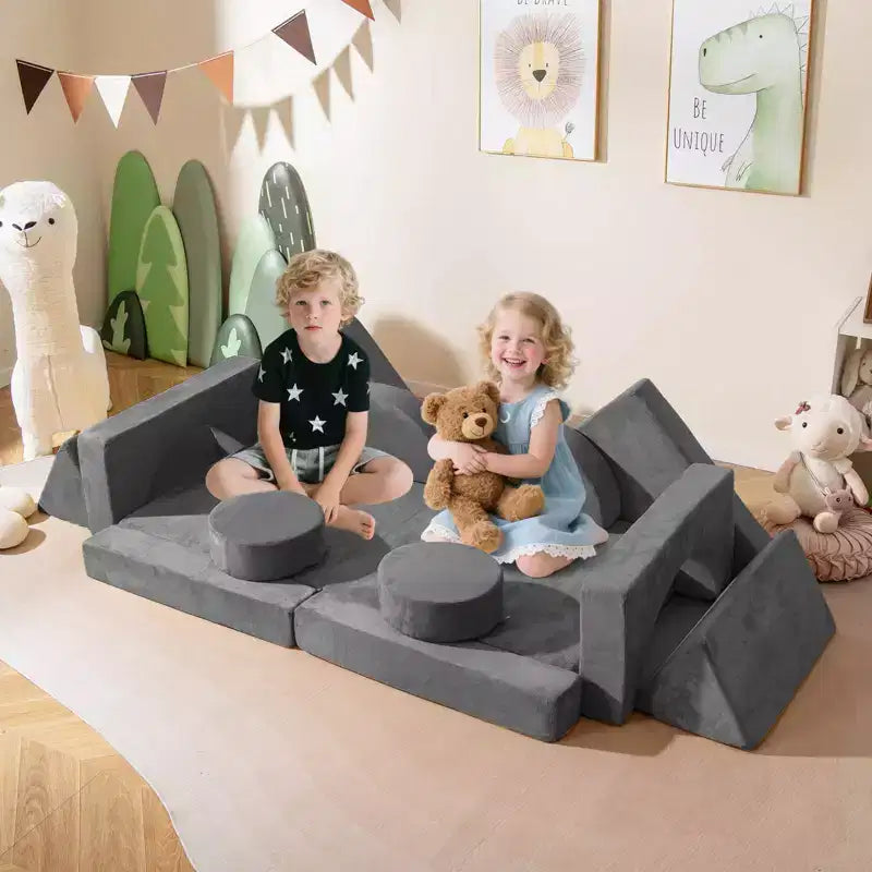 Costway Sofá Modular Infantil de 14 Piezas, Sofá Seccional para Niños Pequeños, Juego de Cojines Suaves Azul/Gris/Amarillo