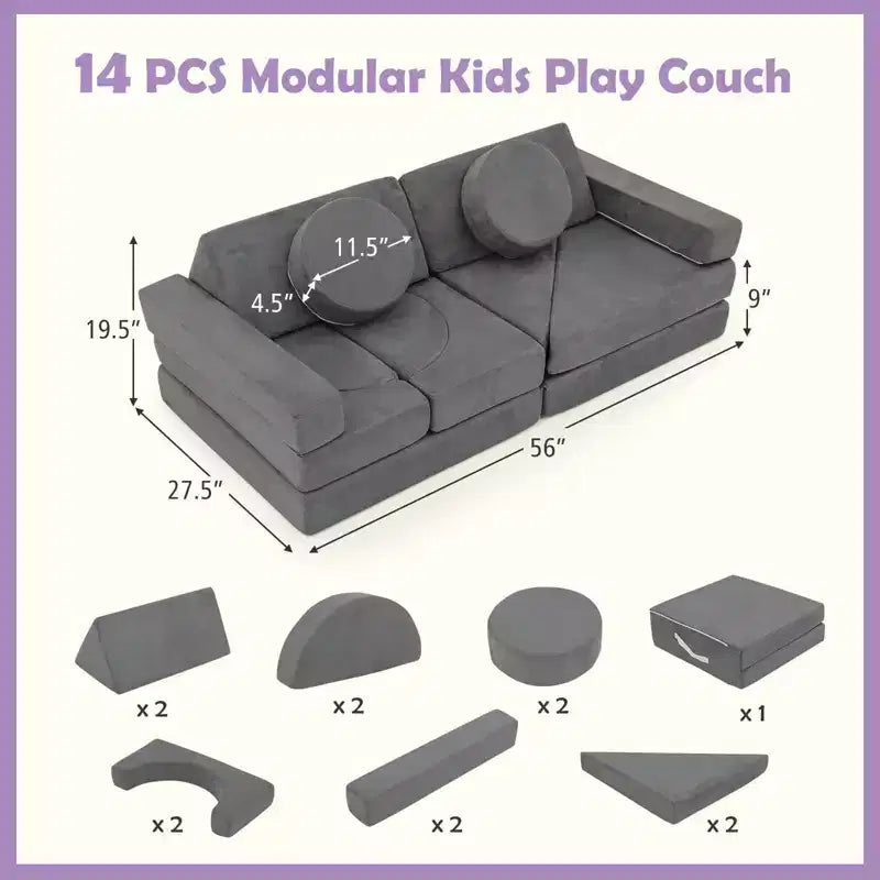Costway Sofá Modular Infantil de 14 Piezas, Sofá Seccional para Niños Pequeños, Juego de Cojines Suaves Azul/Gris/Amarillo