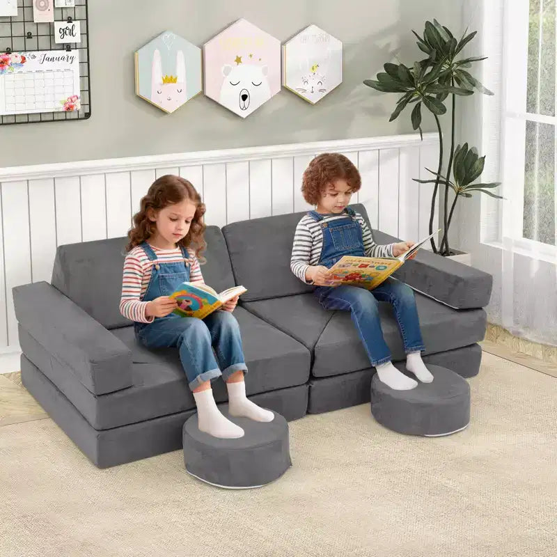 Costway Sofá Modular Infantil de 14 Piezas, Sofá Seccional para Niños Pequeños, Juego de Cojines Suaves Azul/Gris/Amarillo