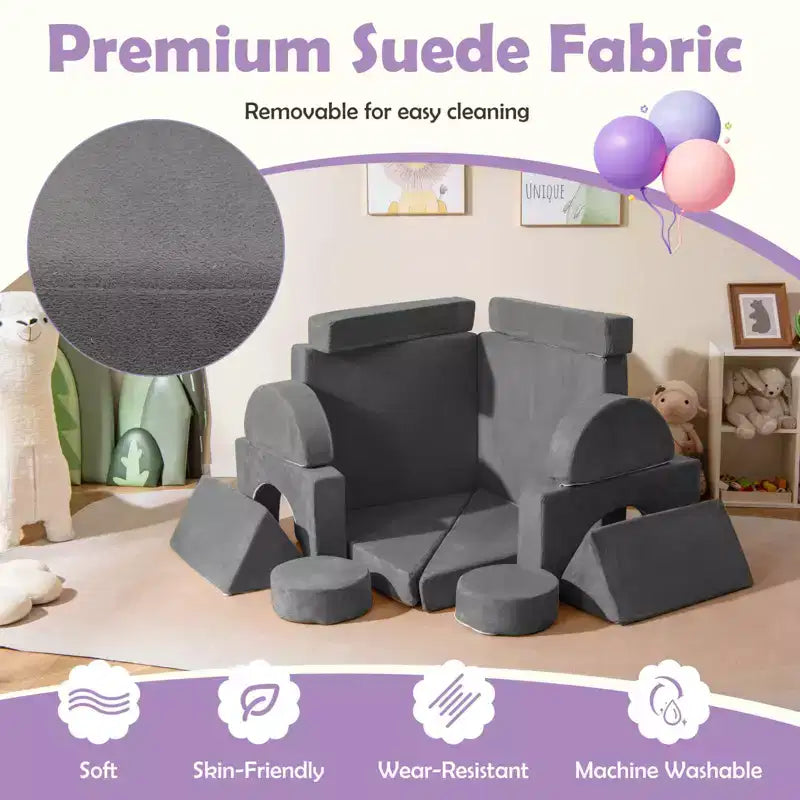 Costway Sofá Modular Infantil de 14 Piezas, Sofá Seccional para Niños Pequeños, Juego de Cojines Suaves Azul/Gris/Amarillo