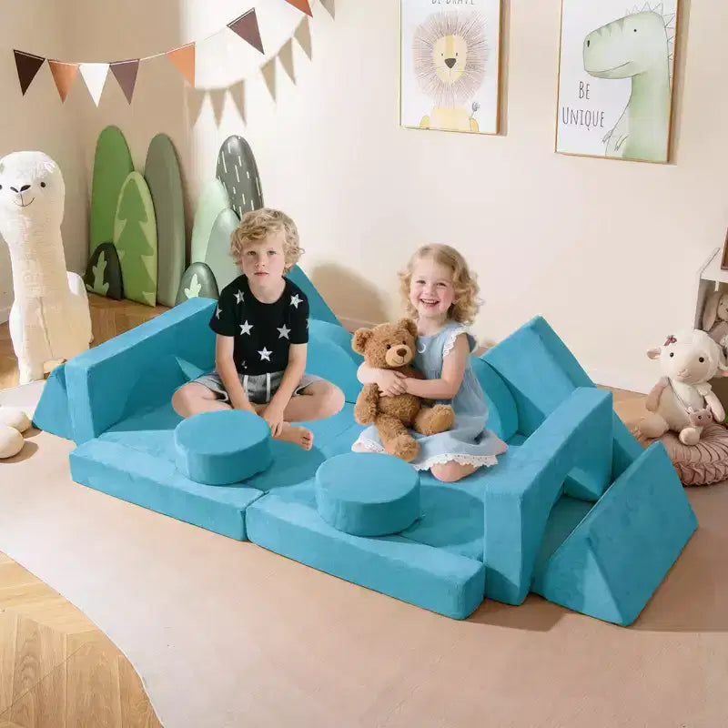 Costway Sofá Modular Infantil de 14 Piezas, Sofá Seccional para Niños Pequeños, Juego de Cojines Suaves Azul/Gris/Amarillo