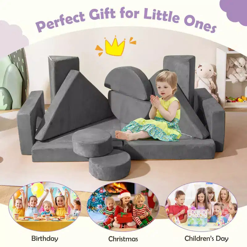 Costway Sofá Modular Infantil de 14 Piezas, Sofá Seccional para Niños Pequeños, Juego de Cojines Suaves Azul/Gris/Amarillo
