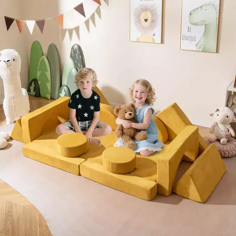 Costway Sofá Modular Infantil de 14 Piezas, Sofá Seccional para Niños Pequeños, Juego de Cojines Suaves Azul/Gris/Amarillo
