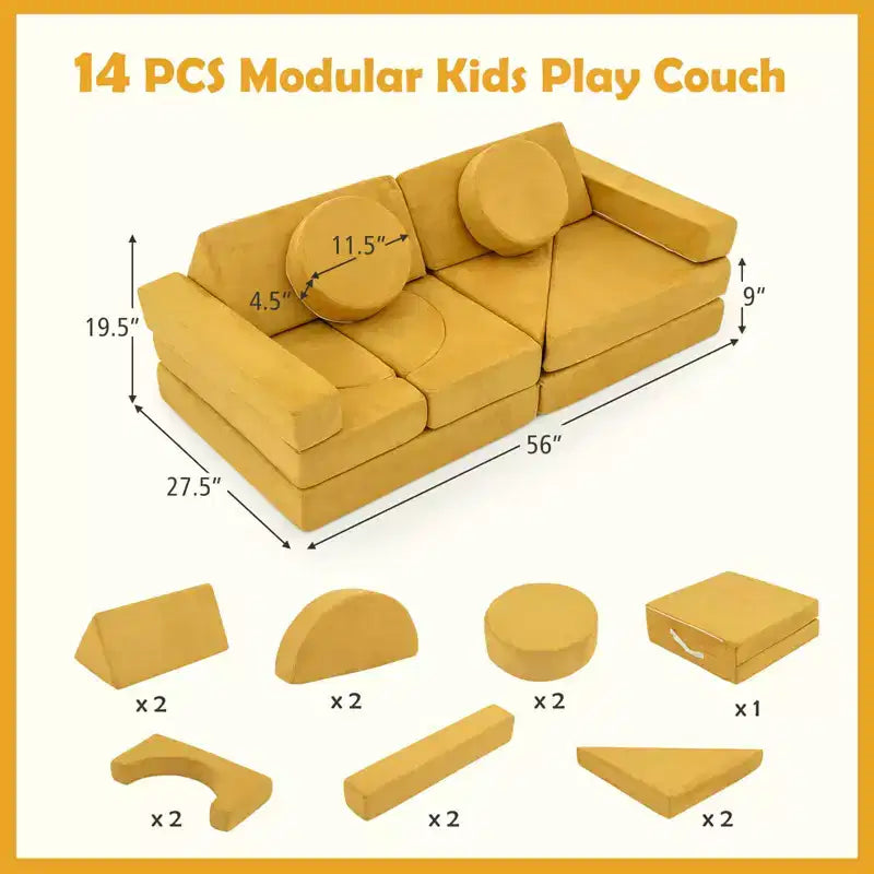 Costway Sofá Modular Infantil de 14 Piezas, Sofá Seccional para Niños Pequeños, Juego de Cojines Suaves Azul/Gris/Amarillo