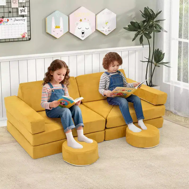 Costway Sofá Modular Infantil de 14 Piezas, Sofá Seccional para Niños Pequeños, Juego de Cojines Suaves Azul/Gris/Amarillo