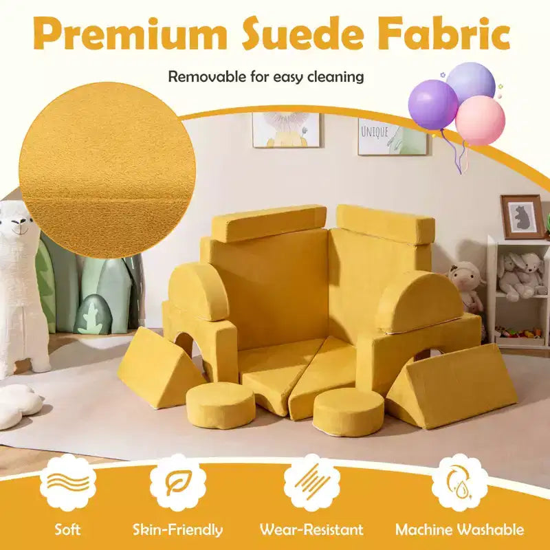 Costway Sofá Modular Infantil de 14 Piezas, Sofá Seccional para Niños Pequeños, Juego de Cojines Suaves Azul/Gris/Amarillo