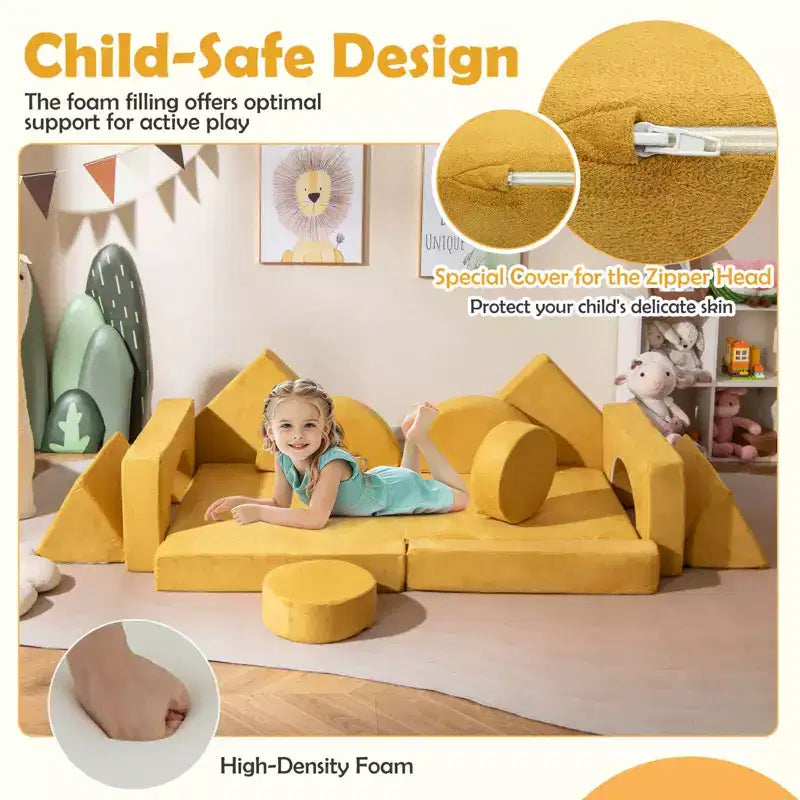 Costway Sofá Modular Infantil de 14 Piezas, Sofá Seccional para Niños Pequeños, Juego de Cojines Suaves Azul/Gris/Amarillo