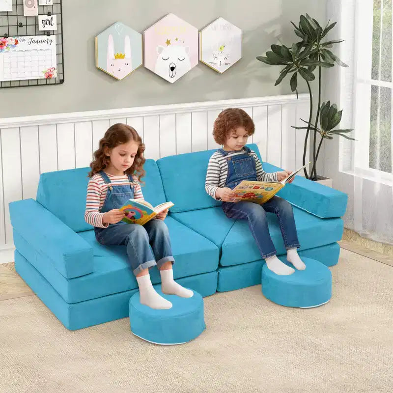 Costway Sofá Modular Infantil de 14 Piezas, Sofá Seccional para Niños Pequeños, Juego de Cojines Suaves Azul/Gris/Amarillo