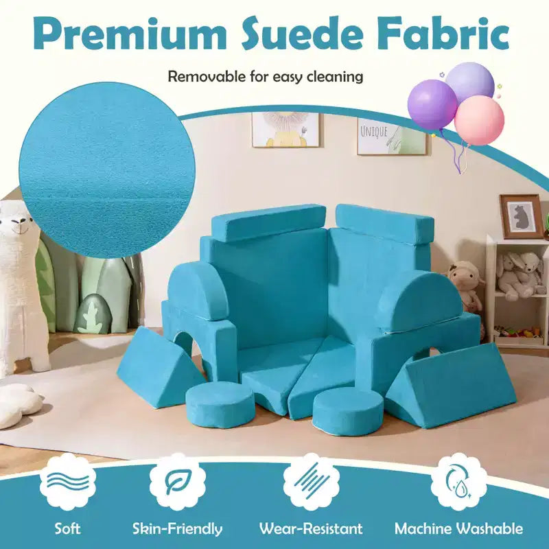 Costway Sofá Modular Infantil de 14 Piezas, Sofá Seccional para Niños Pequeños, Juego de Cojines Suaves Azul/Gris/Amarillo