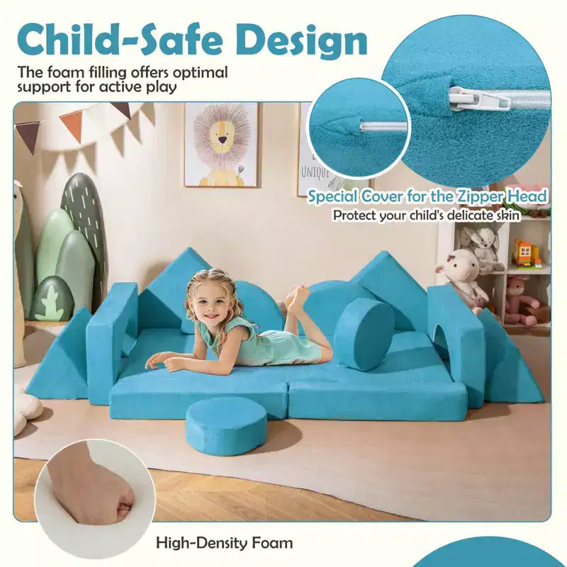 Costway Sofá Modular Infantil de 14 Piezas, Sofá Seccional para Niños Pequeños, Juego de Cojines Suaves Azul/Gris/Amarillo