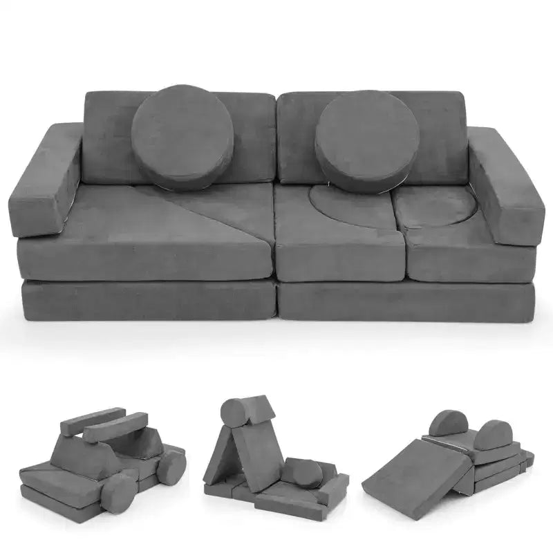 Costway Sofá Modular Infantil de 14 Piezas, Sofá Seccional para Niños Pequeños, Juego de Cojines Suaves Azul/Gris/Amarillo