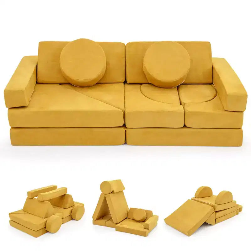 Costway Sofá Modular Infantil de 14 Piezas, Sofá Seccional para Niños Pequeños, Juego de Cojines Suaves Azul/Gris/Amarillo