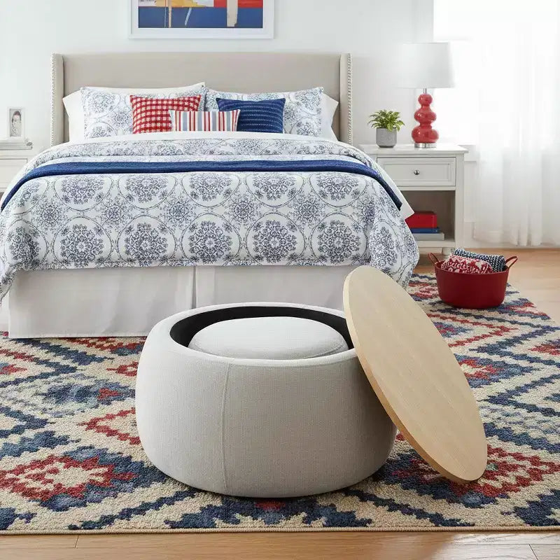 Juego de otomanas redondas Homy Casa con tapa de bandeja de madera extraíble y reposapiés, para sala de estar y dormitorio