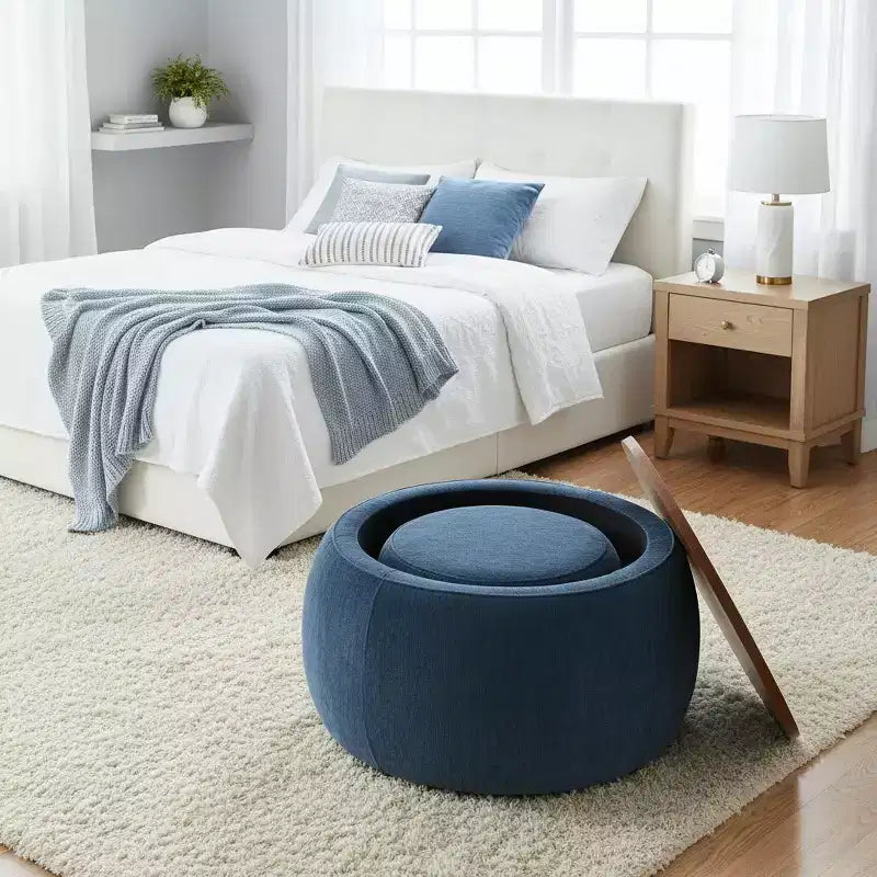 Juego de otomanas redondas Homy Casa con tapa de bandeja de madera extraíble y reposapiés, para sala de estar y dormitorio