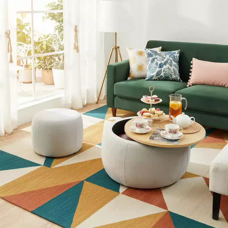 Juego de otomanas redondas Homy Casa con tapa de bandeja de madera extraíble y reposapiés, para sala de estar y dormitorio