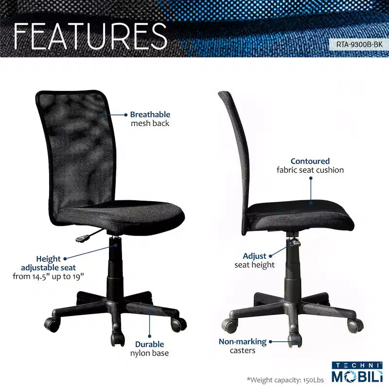 Silla de oficina Okak sin brazos con respaldo de malla, silla de escritorio con altura ajustable y ruedas universales, silla cómoda para oficina, hogar, color negro
