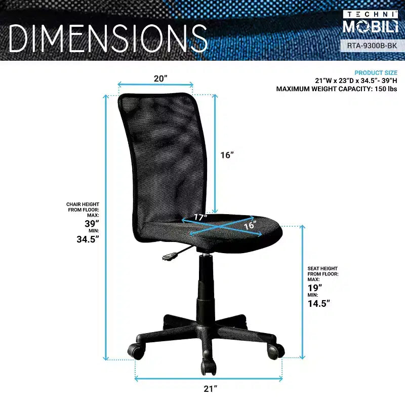Silla de oficina Okak sin brazos con respaldo de malla, silla de escritorio con altura ajustable y ruedas universales, silla cómoda para oficina, hogar, color negro