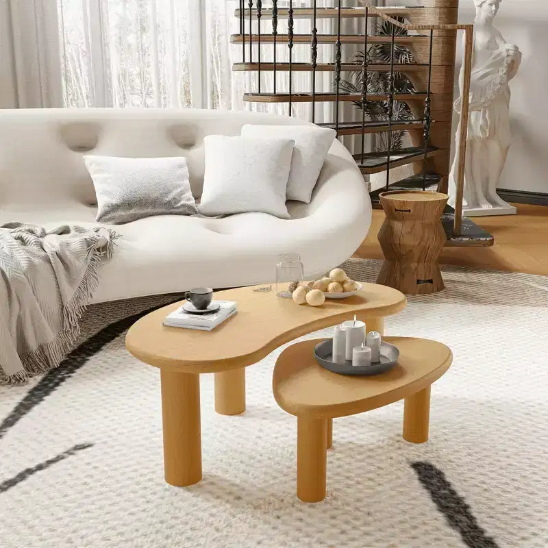 MAYEERTY Juego de mesas de centro de madera maciza con forma de anacardo en color negro para sala de estar dormitorio beige