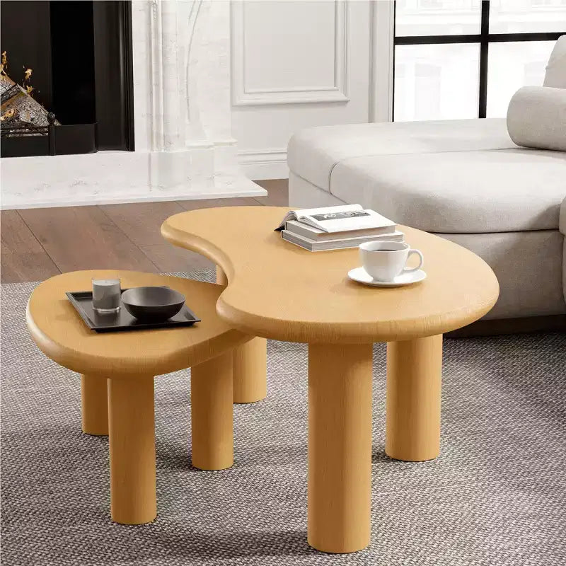 MAYEERTY Juego de mesas de centro de madera maciza con forma de anacardo en color negro para sala de estar dormitorio beige