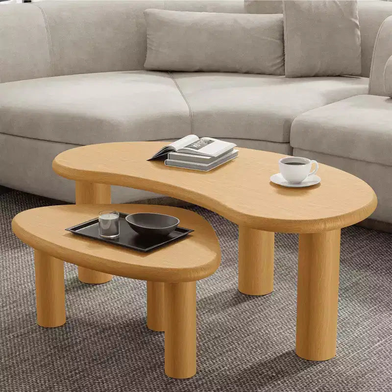 MAYEERTY Juego de mesas de centro de madera maciza con forma de anacardo en color negro para sala de estar dormitorio beige