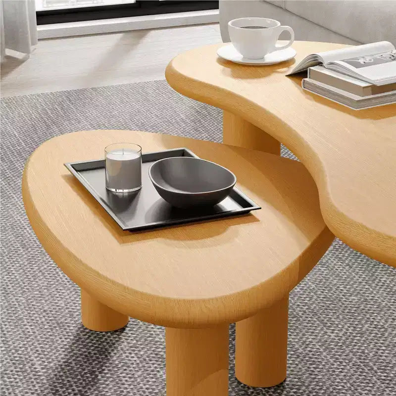 MAYEERTY Juego de mesas de centro de madera maciza con forma de anacardo en color negro para sala de estar dormitorio beige