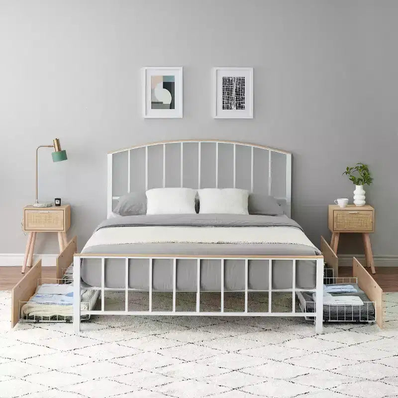 Base de cama de plataforma metálica, Full/Queen, con cabecero y amplio almacenaje, no necesita somier, Blanca