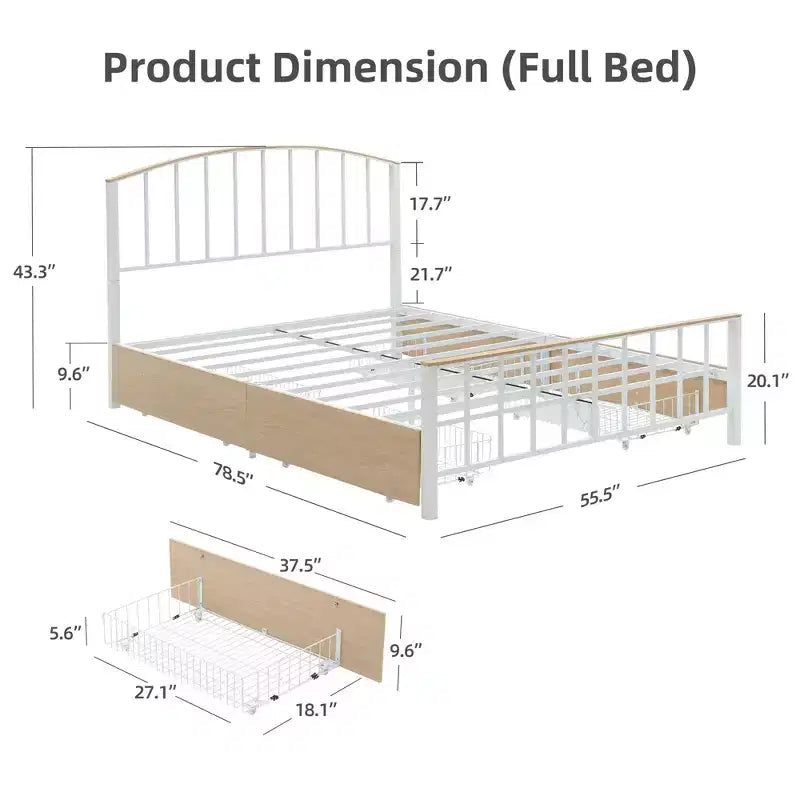 Base de cama de plataforma metálica, Full/Queen, con cabecero y amplio almacenaje, no necesita somier, Blanca