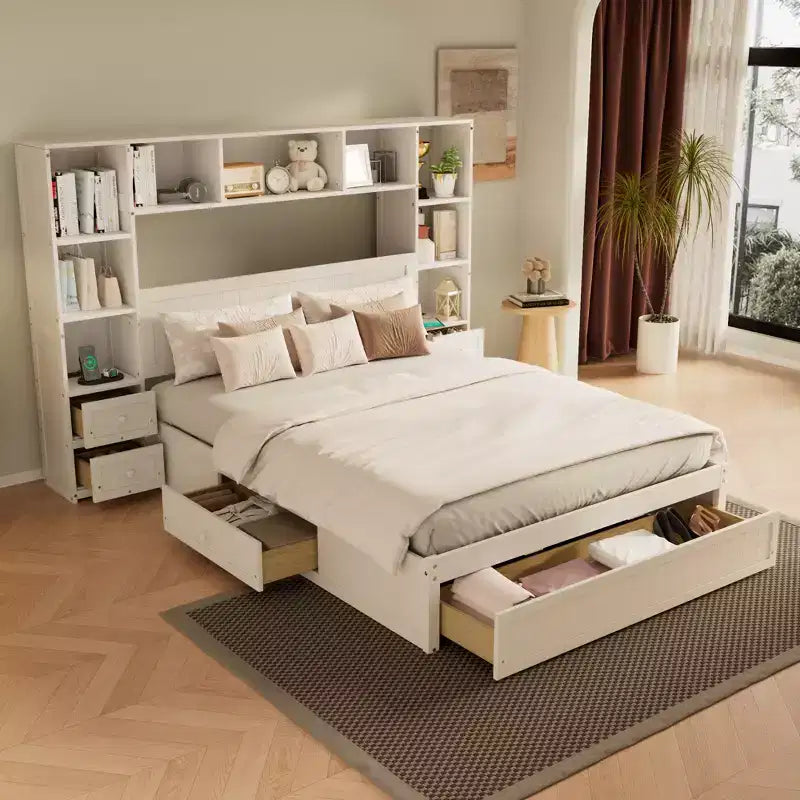 Cama de plataforma de madera de pino tamaño matrimonial GDFStudio Rose con mesas de noche y armario librero