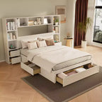Cama de plataforma de madera de pino tamaño matrimonial GDFStudio Rose con mesas de noche y armario librero