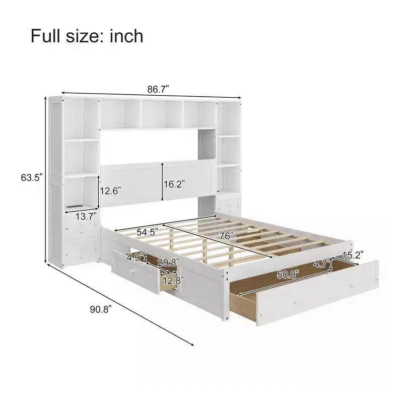 Cama de plataforma de madera de pino tamaño matrimonial GDFStudio Rose con mesas de noche y armario librero