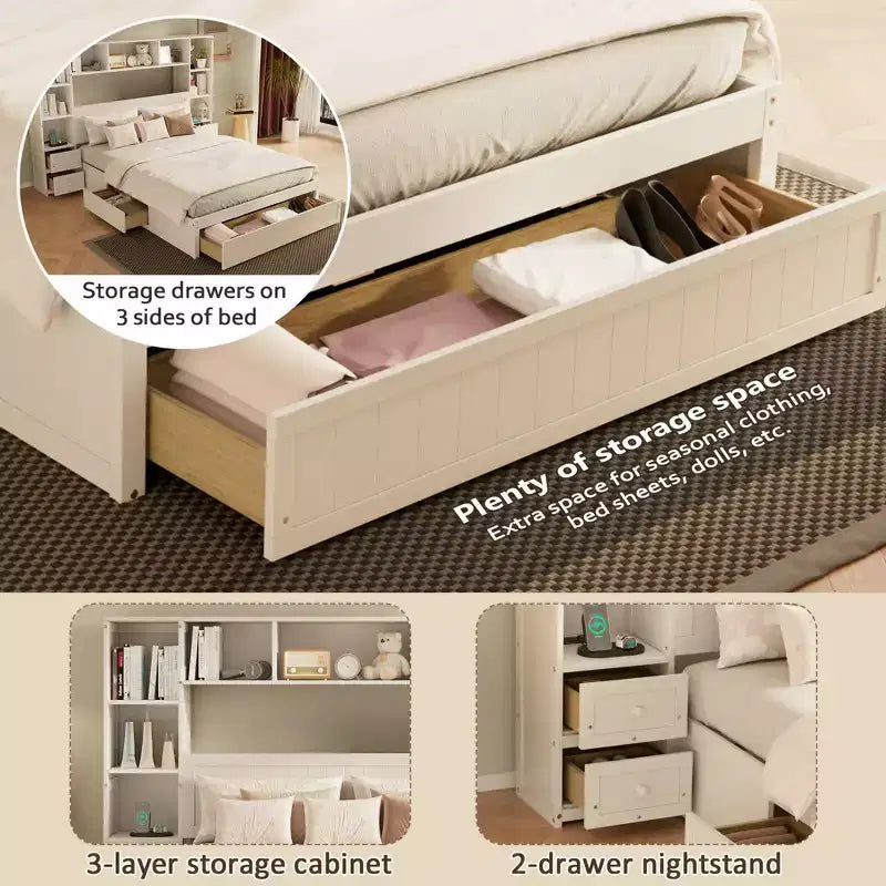 Cama de plataforma de madera de pino tamaño matrimonial GDFStudio Rose con mesas de noche y armario librero