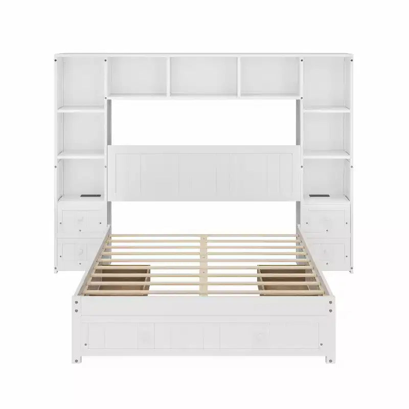 Cama de plataforma de madera de pino tamaño matrimonial GDFStudio Rose con mesas de noche y armario librero