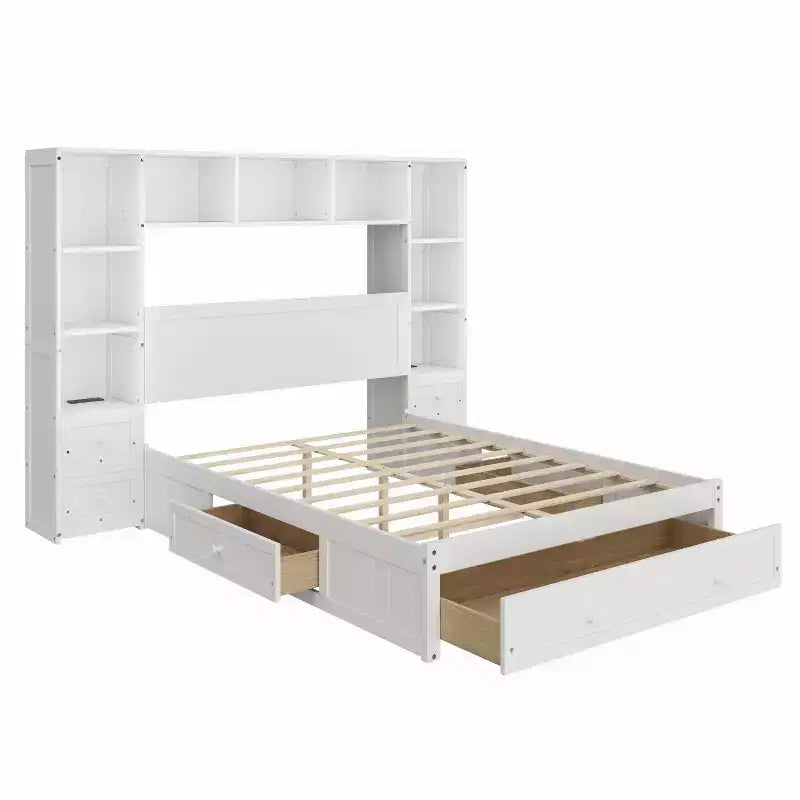 Cama de plataforma de madera de pino tamaño matrimonial GDFStudio Rose con mesas de noche y armario librero